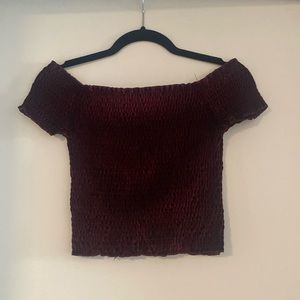 Burgundy ribbed off the shoulder top